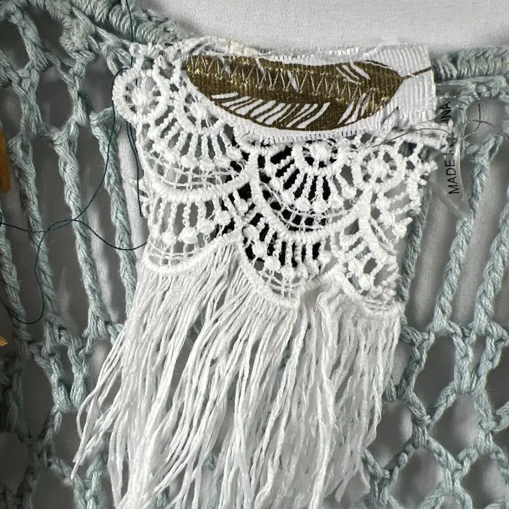 Croched Womens Hippie Vest Small Mint Green‎ Brown Fringe Long Festival Stretch